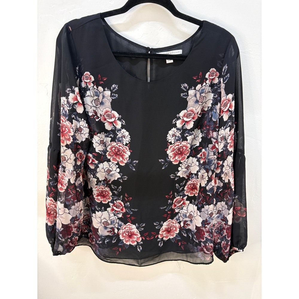 Lifestyle Attitude Black Floral Chiffon Blouse Long Sleeve 1X Plus Size Slip Top